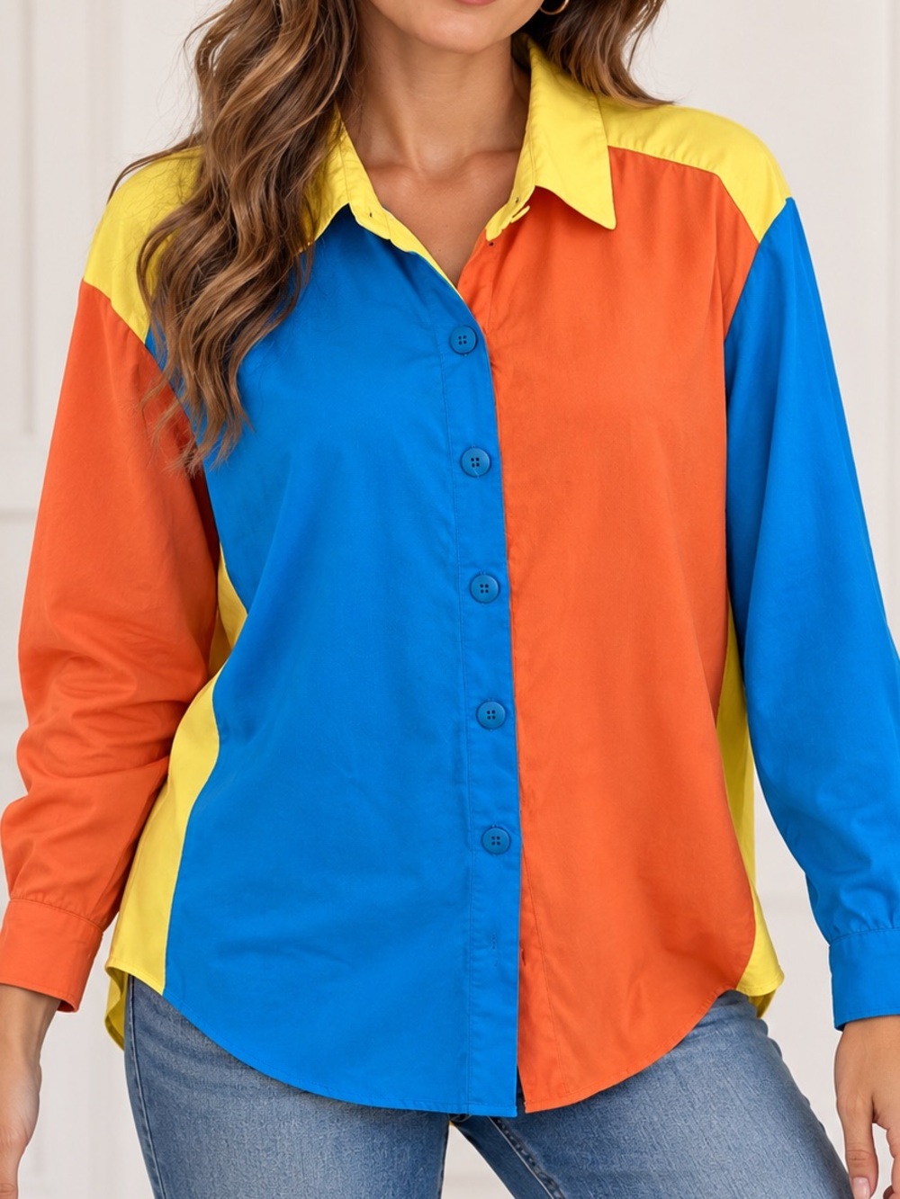 Colorblock Button-Front Women's Shirt - Blue/Orange/Yellow